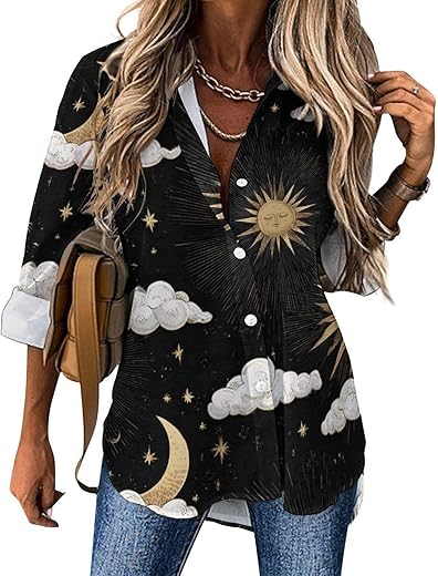 Celestial Sun Moon Stars Women's Blouses Shirts Button Down V Neck Long Sleeve Casual Tunic Tops