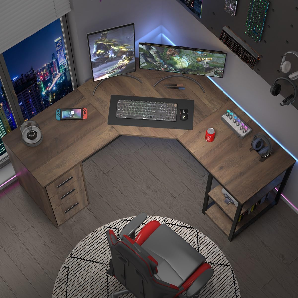 LVB Rustic L Shape Computer Desk with File Cabinet, Reversible Corner L-Shaped Desk with Drawers Storage Shelf, Modern Large Wood L Shaped Work Study Writing Gaming Desk Table for Home Office, 60 in