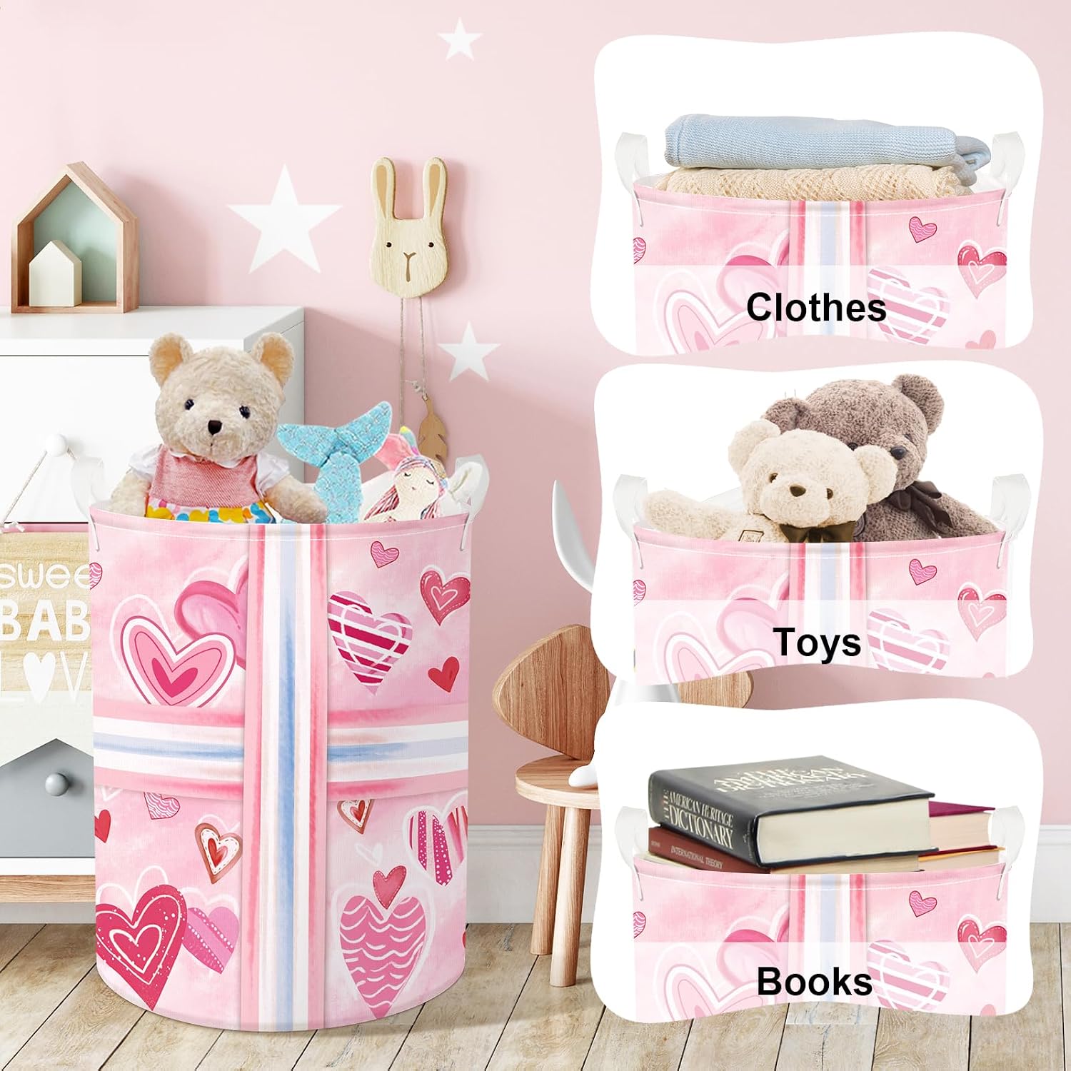 Clastyle Ribbon Bow Baby Gift Box Basket Heart Kid Storage Basket Girl Laundry Hamper Collapsible Clothes Organizer Nursery Bin for Bedroom, Pink, 36 * 45 cm image 5