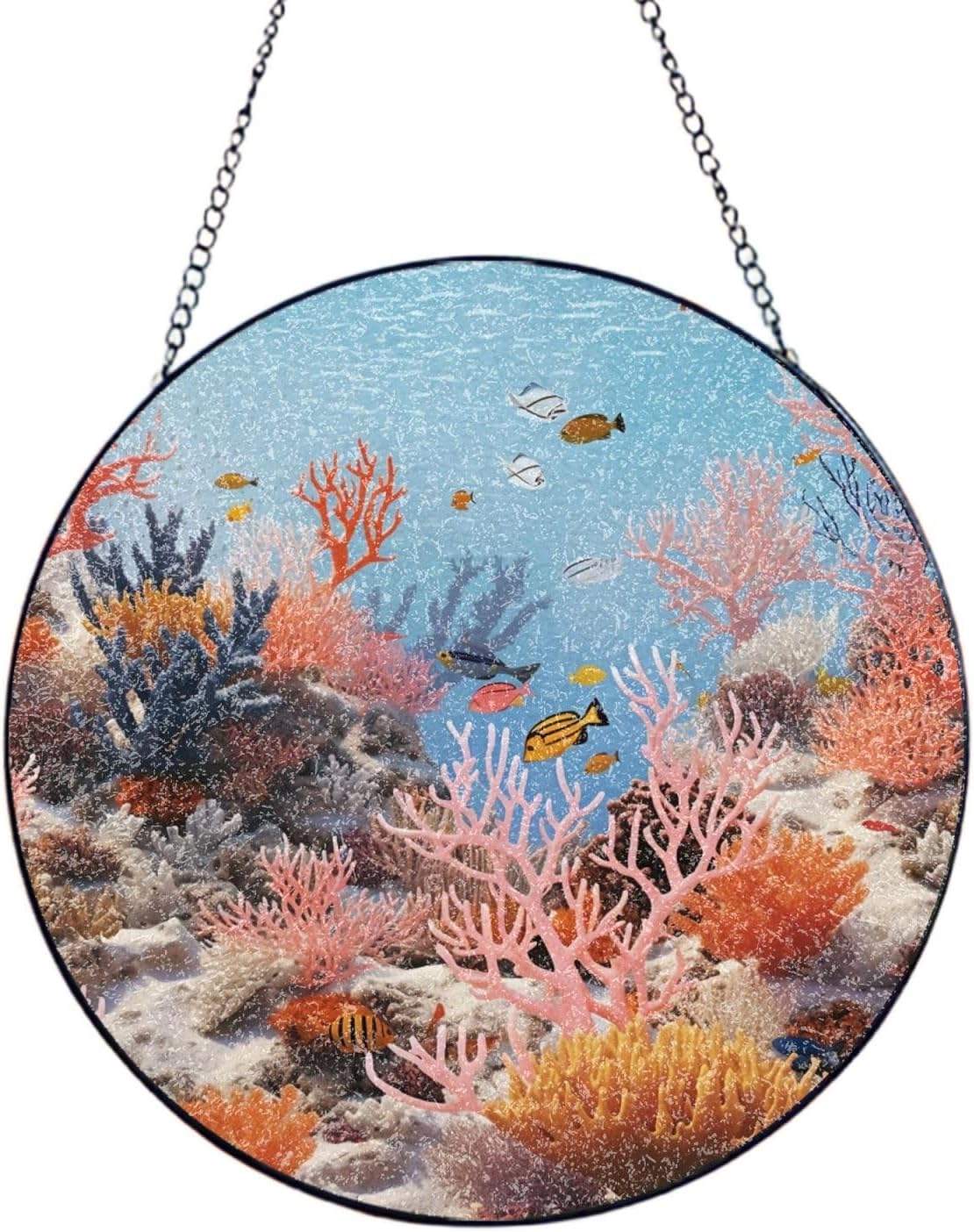 Stained Glass Window Hanging 4in（10cm）, Coral Reef Sun Catchers Indoor Window, Stained Glass Suncatcher Ornament with Metal Chain, Wall Art Home Decor Gift for Women Mother's Day