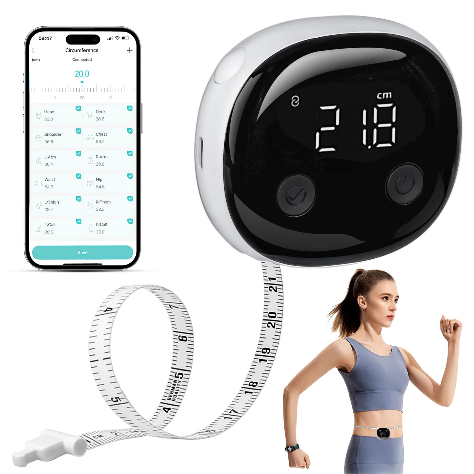 Smartes Körpermaß, Körpermaßband, LED-HD-Vollbild-Überwachung, Körperfett-Werkzeug für Fitness-Formung und Gewichtsverlust, Fitdays App Bluetooth-Maßband