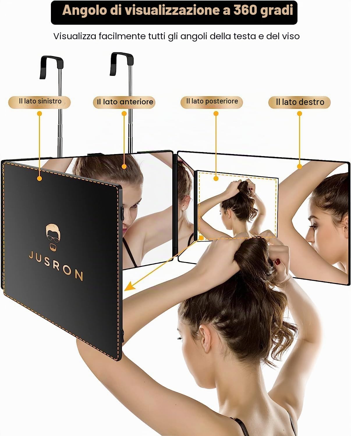 JUSRON Specchio pieghevole a 360 gradi da appendere, 3 pezzi, specchio per capelli, taglio automatico, specchio cosmetico regolabile in altezza, specchio da barba per trucco, rasatura, acconciatura