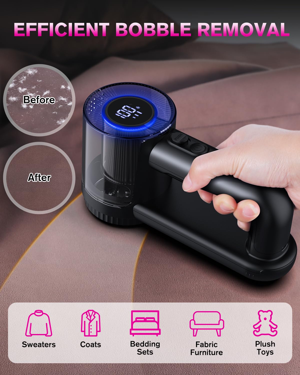 Elektryczna Golarka do Kłaczków,[ładowanie przez USB]Homtronics Golarka do Tkanin z Ubrań i Mebli, Wyświetlacz LED, golarka do kłaczków z 6-ostrzową głowicą do ubrań, sof, dywanów