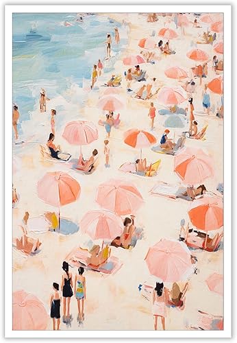 Quark Pintura de decoración costera rosa pastel vintage, arte de pared de playa rosa de moda, arte de pared retro de mar playero, póster de lienzo