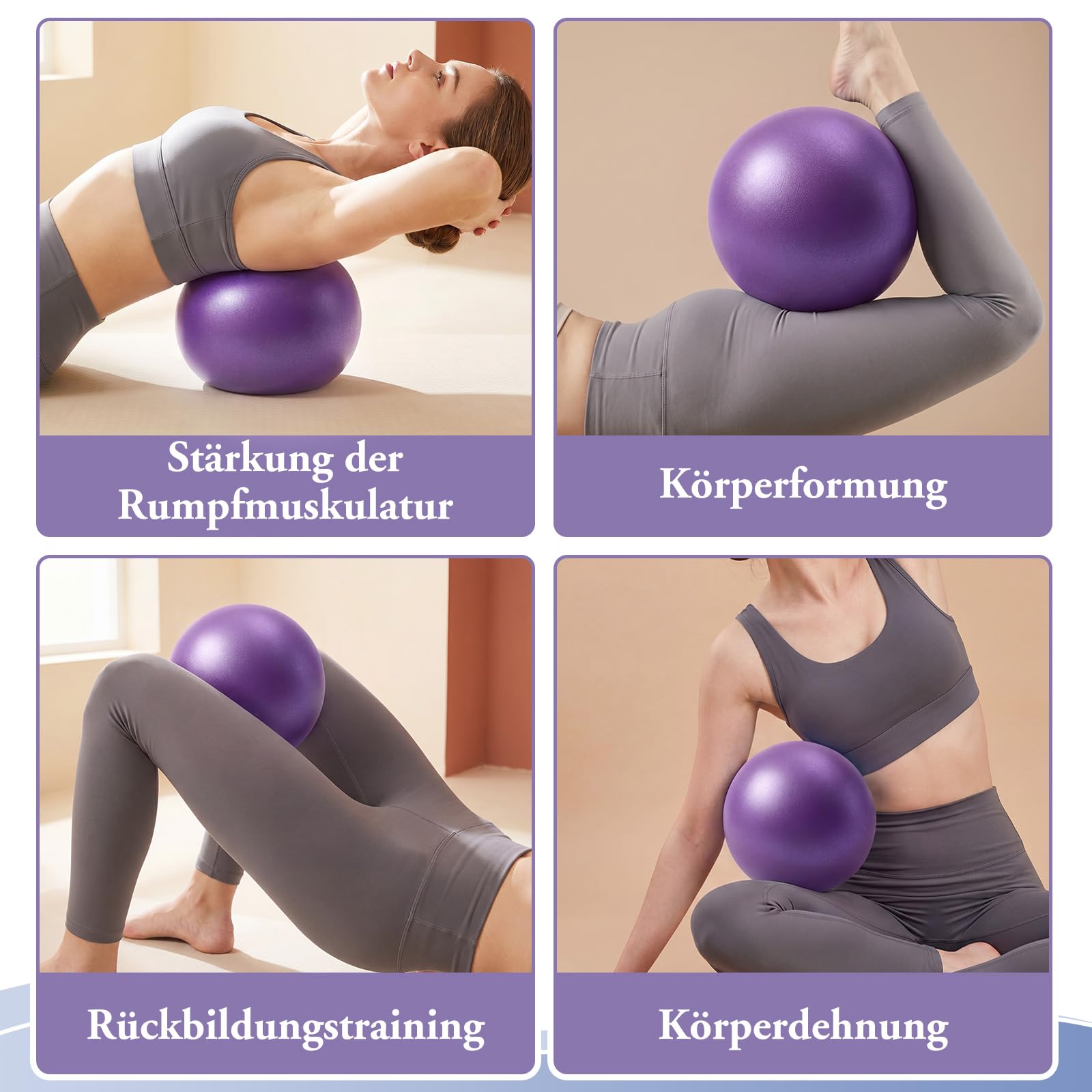 BBTO Juego de 16 Pelotas de Pilates 25 cm Tamaño Pequeño Antideslizantes, a Prueba de Explosiones con Red y Dispositivo de Inflado para Fitness Equilibrio y Fisioterapia (Azul, Morado, Rosa, Gris)