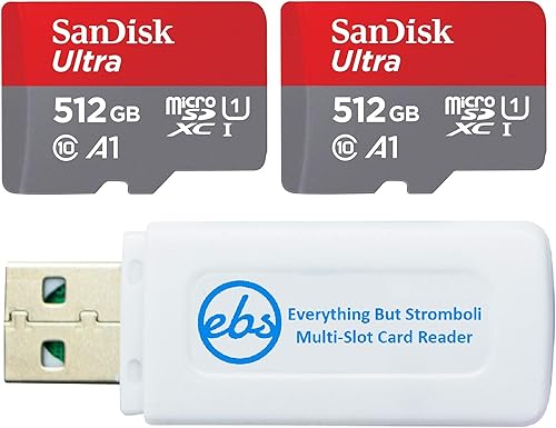 SanDisk Ultra 512GB MicroSDXC UHS-I tarjeta de memoria clase 10 (paquete de dos a granel) paquete con (1) todo menos Stromboli MicroSD y lector de