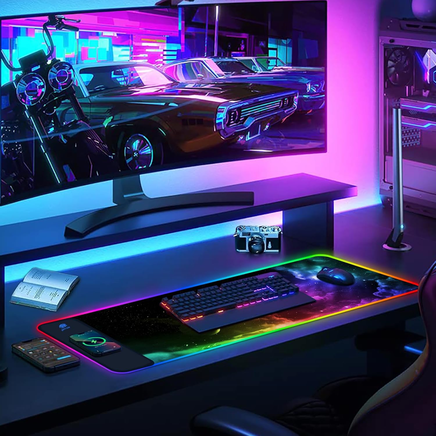 AIMSA Wireless Charging RGB Gaming Mouse Pad 15W, Extended LED Desk Mat Protector 800x300x4MM, 14 Light Modes Extra Large Mousepad Non-Slip Rubber Base Desk Mat, Nebula Universe