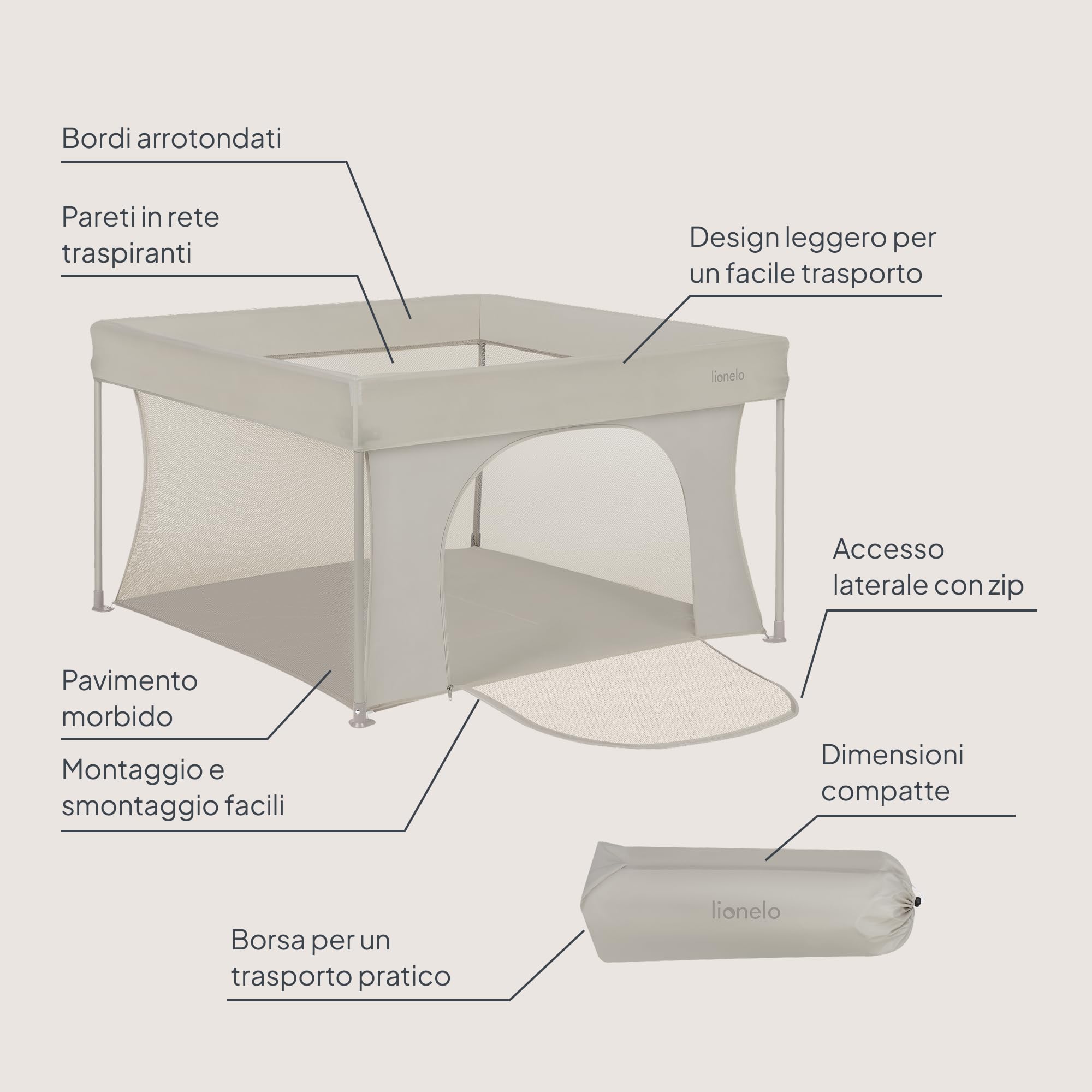 Lionelo PACO Box Bambini 0-48 mesi, Pieghevole, Compatto 111 x 111 cm | Per Piccoli Spazi, Lati in Rete Traspirante, Ingresso Laterale con Zip, Borsa Trasporto, Casa Giardino, fino 15 kg