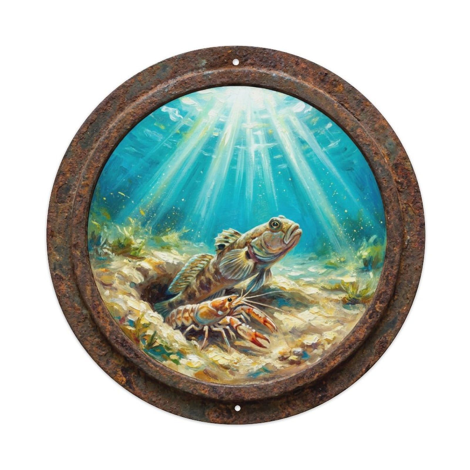 Fyrn Style Metal Tin Sign Vintage Porthole Goby Shrimp Ship Window Undersea Deep Sea