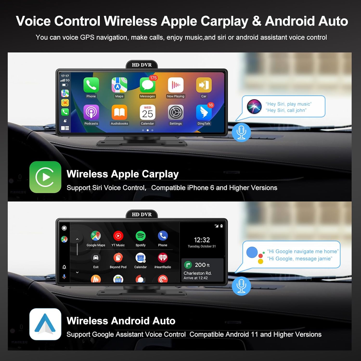 Car Carplay Screen 10.26inch IPS Car Stereo Wireless CarPlay & Android Auto Touch Screen, 4K Dash Cam, 1080P Backup Camera, Mirror Link/Voice Control/Music Play/GPS Navigation FM image 2 of 8 B0F7XRP7X5