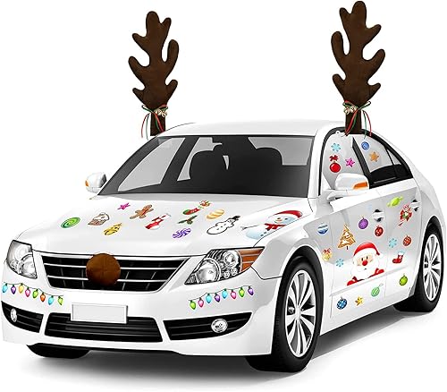 Miniatura 6 de 3 piezas de decoración navideña para automóvil, cuernos de reno, nariz y 6 hojas de calcomanías de Navidad para ventana de automóvil para decoración