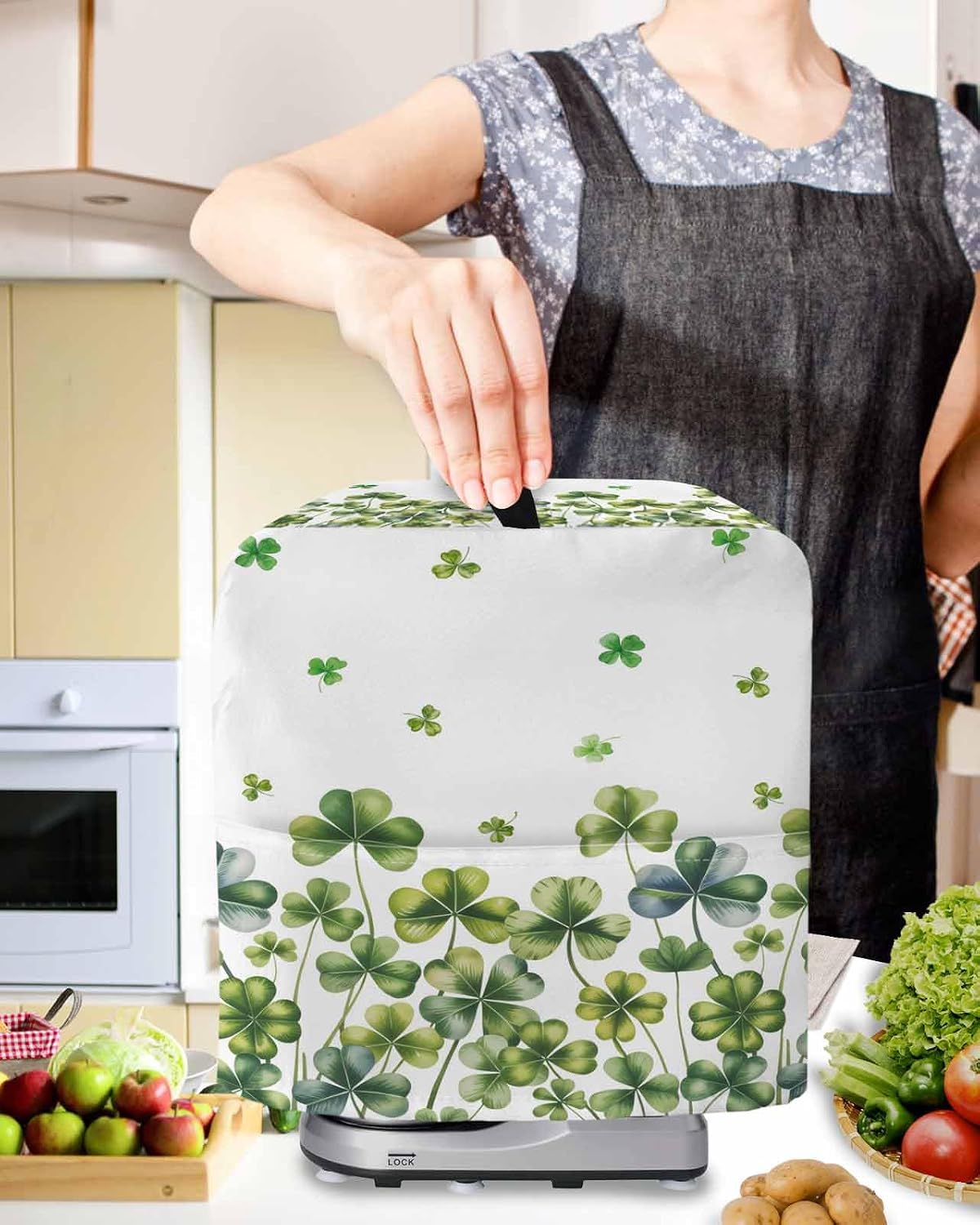 St. Patrick's Day Stand Mixer Cover with Storage Pocket, Waterproof Kitchen Mixer Covers, Lucky Shamrock Spring Botanical Kitchen Appliance Dust Cover Compatible with 5-8 Quart Mixers