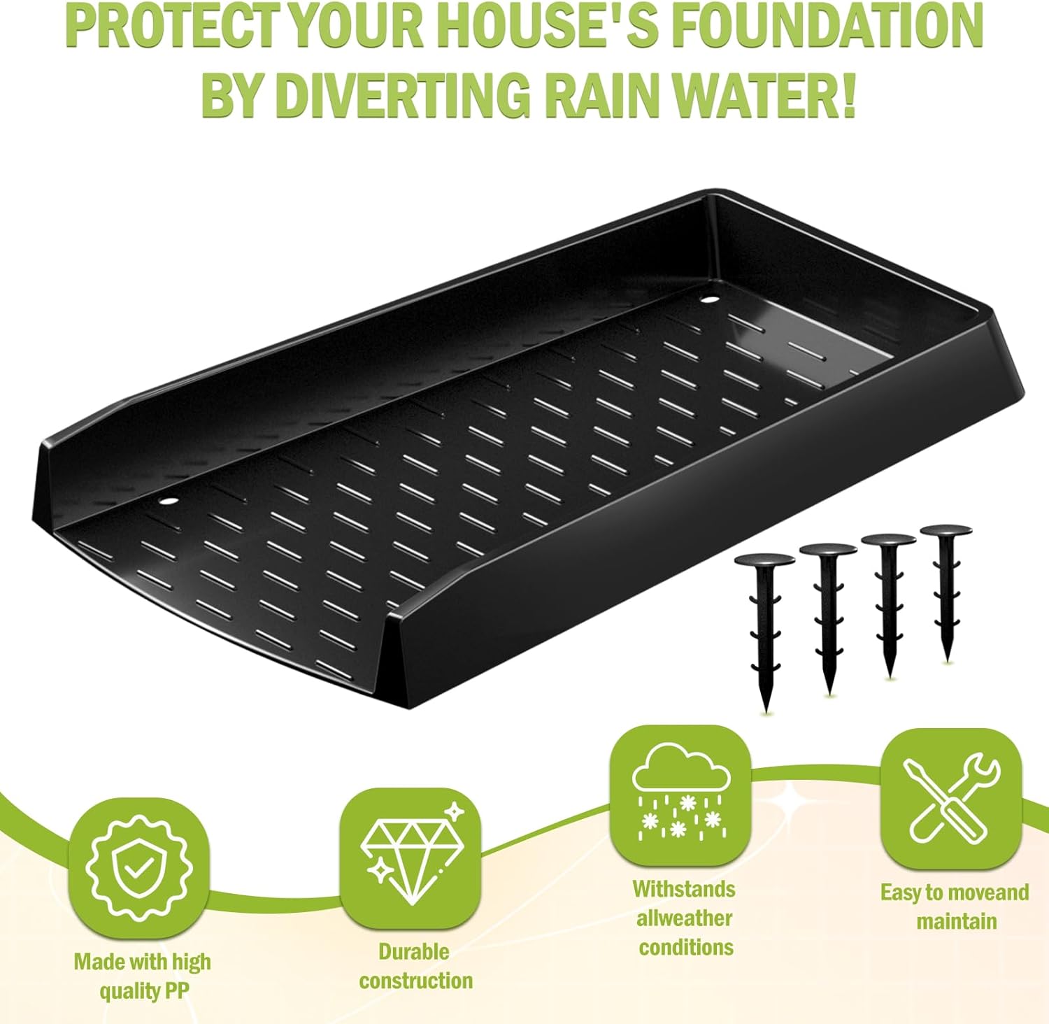 4 Pack Gutter Downspout Splash Block, 12” Extra-Wide Gutter Downspout Extensions for Water Drainage, No-Install Design Down Spout Extender, Fixable Downspout Extender with 8 Fixing PP Nails, Black