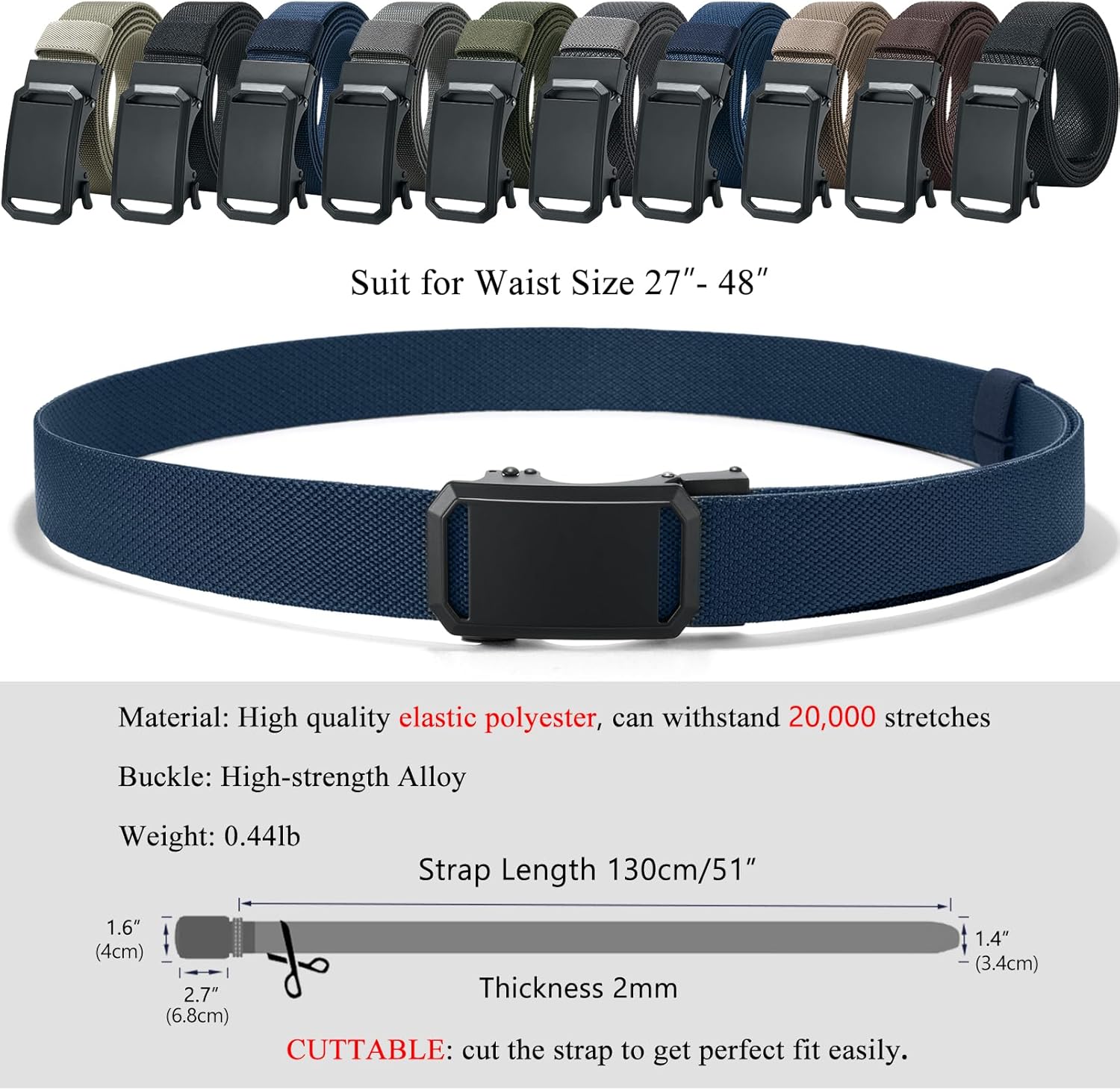 LionVII Ratchet Elastic Stretch Belts, 1 3/8" Belt for Men with Automatic Buckle for Men, Adjustable Trim to Fit 27-49" Waist - Image 2