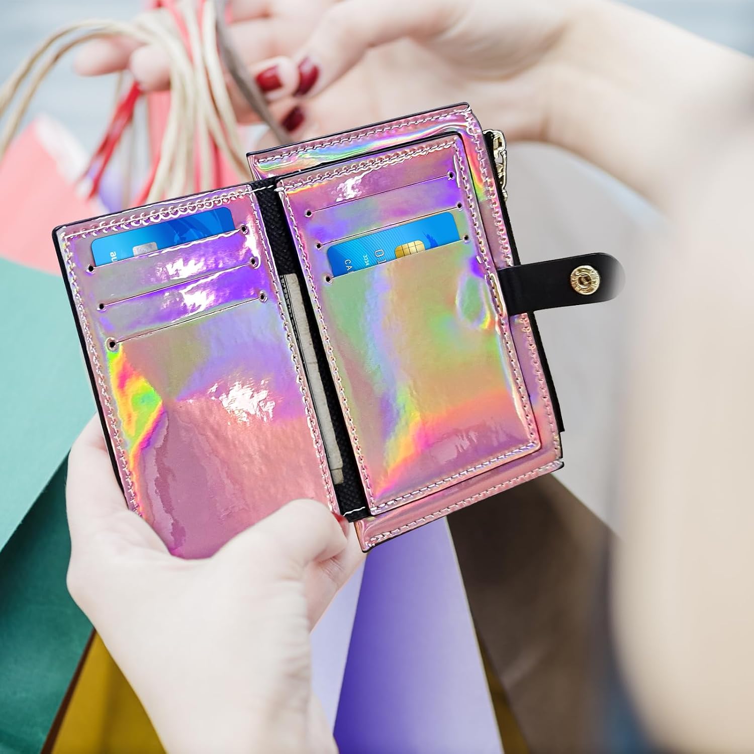 Womens Card Wallet, Waterproof PU Leather Slim Credit Card Wallet for Women Multifunctional Credit Card Bag with Zipper and Key Chain Card Wallet Holder (A, Purple)