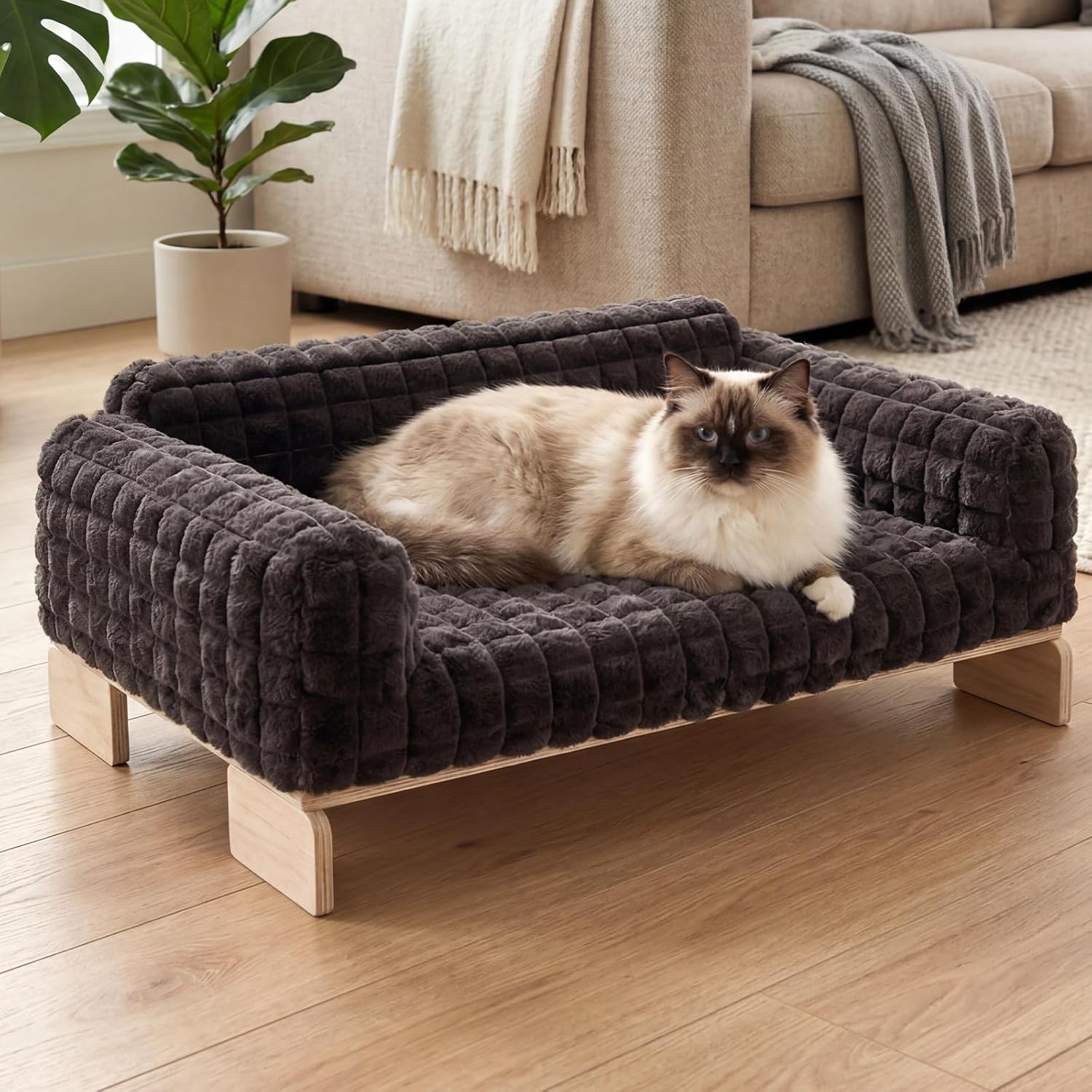 Veehoo Elevated Cat Bed Indoor, Wood Furniture Style Cat Couch Sofa with Removable Washable Cover, Cute & Fluffy Large Cats Bed Furniture for Home