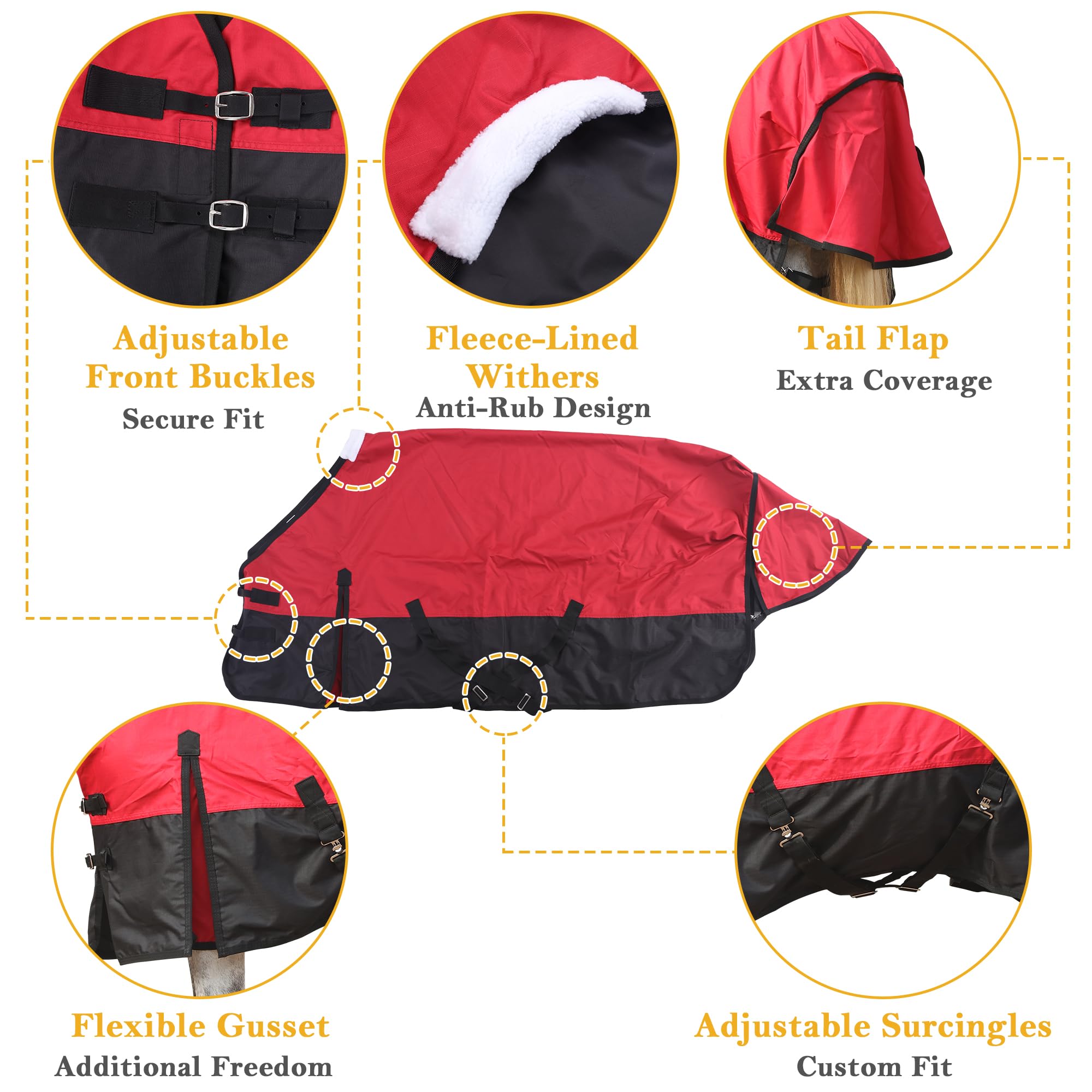 Leberna Alfombra 600D para caballos sin relleno, impermeable, ligera, transpirable, estándar, cuello completo, para lluvia de caballos (rojo/negro, 6 pies)