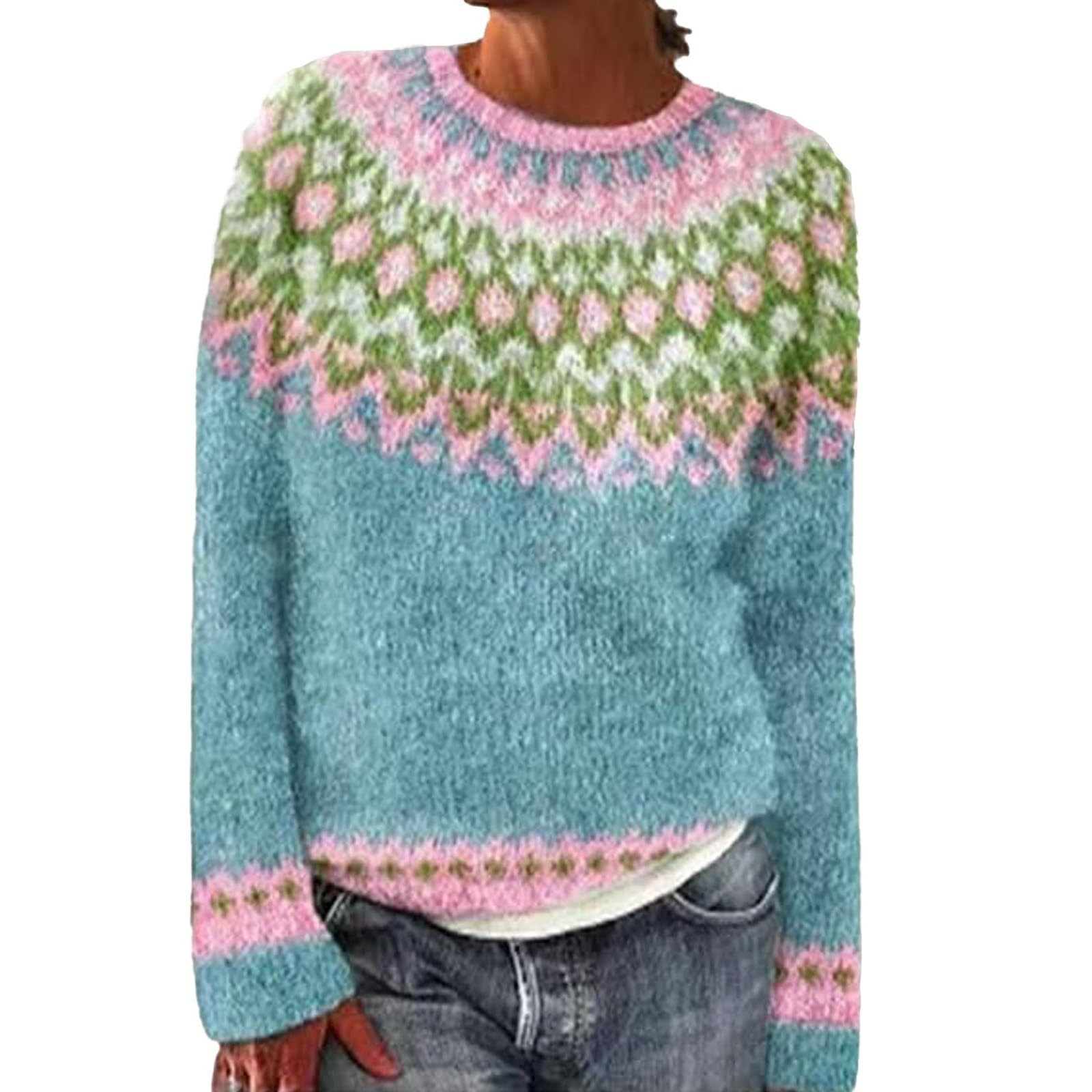 Fair Isle Sweater Women Vintage Cable Knit Long Sleeve Crewneck Colorful Striped Pullover Fashion Holiday Tops