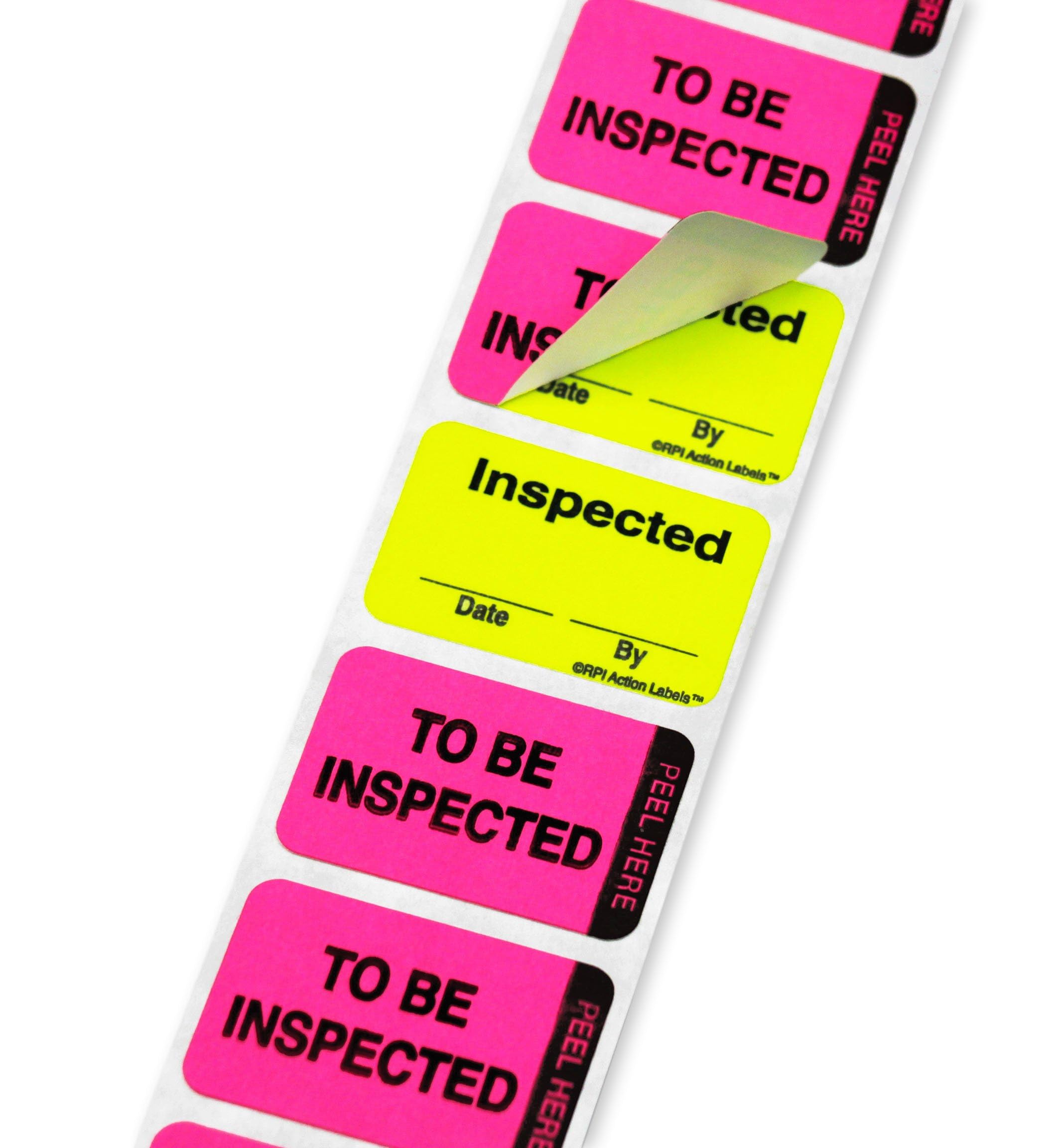ChromaLabel 1 x 1.50 Inch Fluorescent Pink and Yellow Double Layer Quality Control Label, Imprinted Inspected by Stickers, 250 Quality Inspection Tags