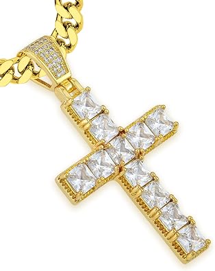 YL Cross Iced Out Mens Necklace, 18K Gold Plated Jesus Christ Bible Verse American Flag 5A+ Cubic Zirconia Pendant Jewelry Gifts for Women