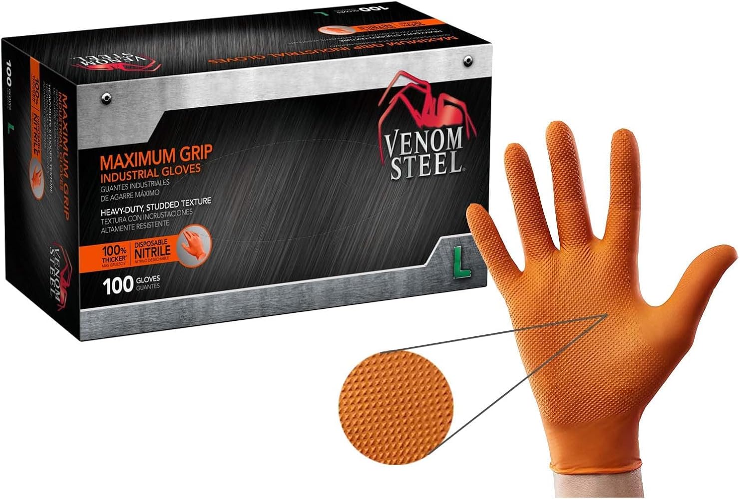 Venom Steel Orange Nitrile Gloves, 8 mil Thick, Large, 100 Count