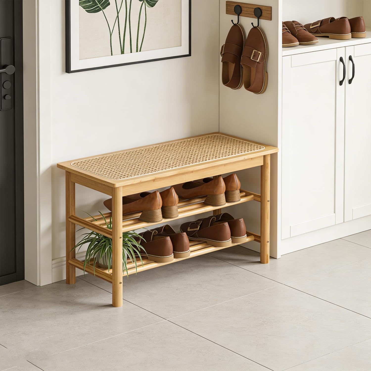 latifolia Shoe Rack Bench, 3-Tier Bamboo Shoe Bench with Breathable Rattan Seat Cushion, Shoe Storage Rack for Entryway(Nautre,31.50''L)