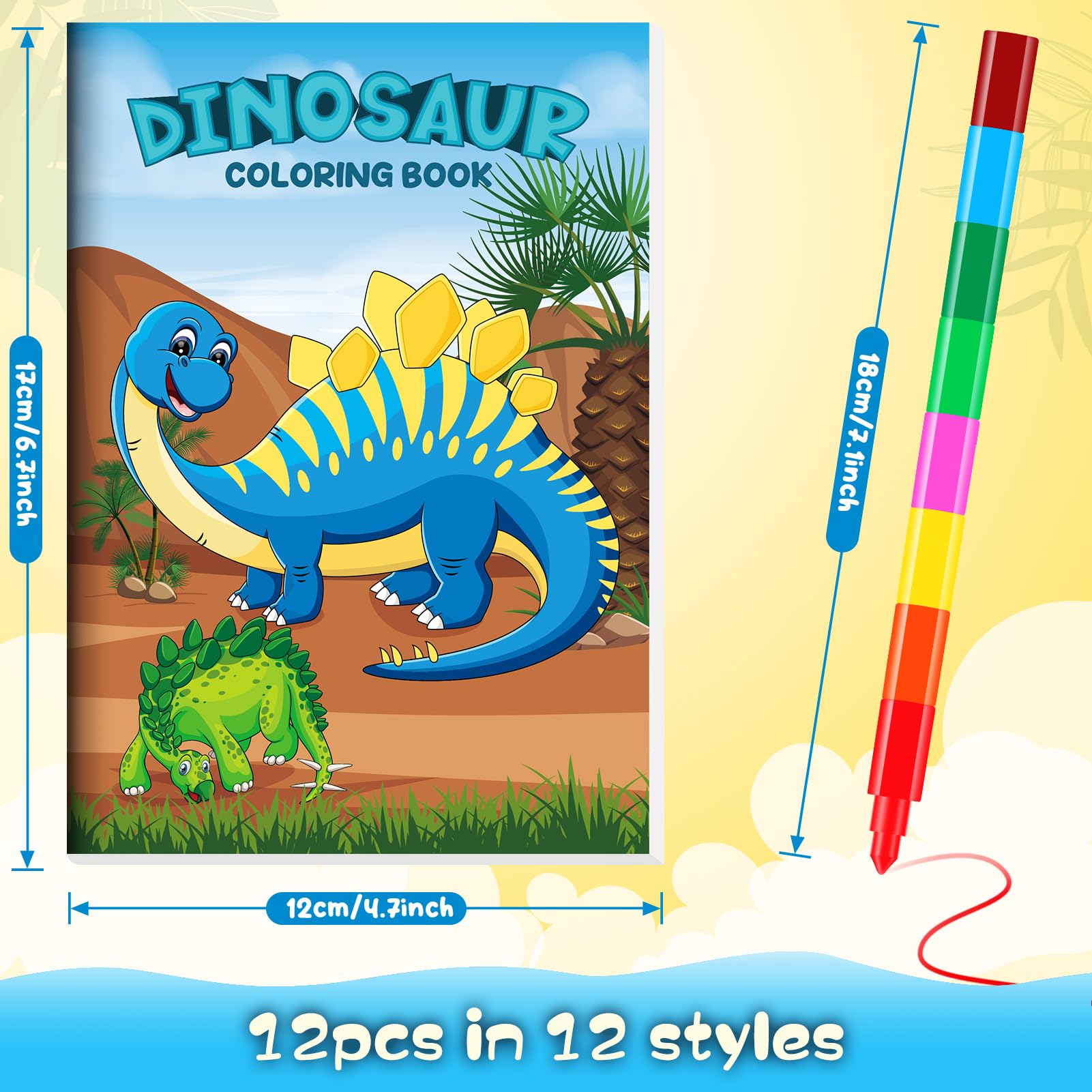 BenLouis 12 mini libri da colorare con dinosauri per bambini con 12 pastelli impilabili Dino bomboniere piccoli libri di attività per bambini regalo per feste giurassiche regalo Goodie Bag Stuffers