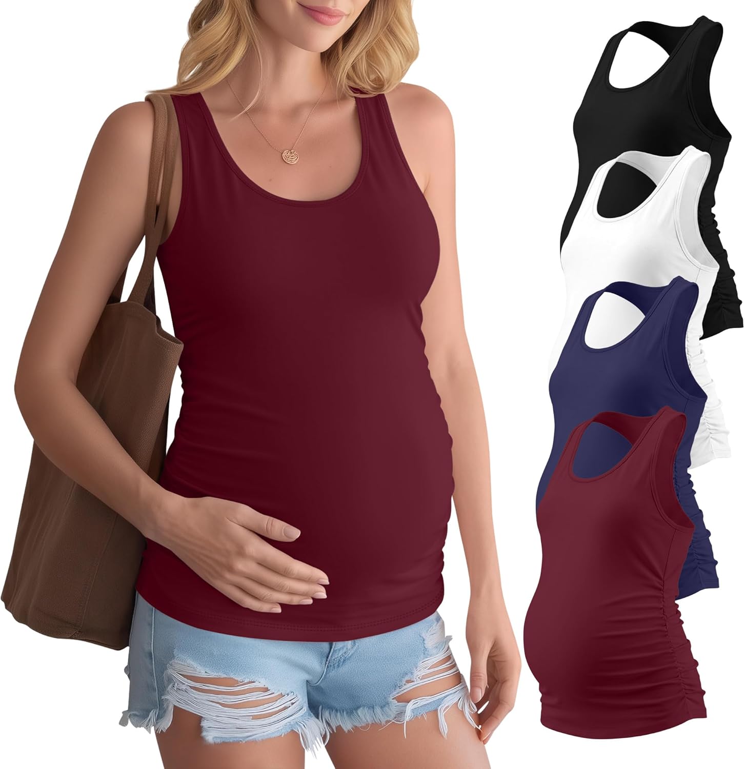 4 Pack Women's Maternity Tank Tops Racerback Sleeveless Crewneck Pregnancy Shirts Summer Side Ruched Mama Clothes