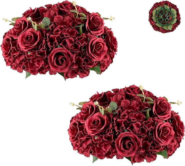 BLOSMON Artificial Flowers Wedding Table Decoration 2 Pcs Burgundy 45cm Large Fake Flowers Centrepieces Hydrangea Rose Silk Flowers Ball Arrangement Wedding Floral Center Pieces for Home Party Decor