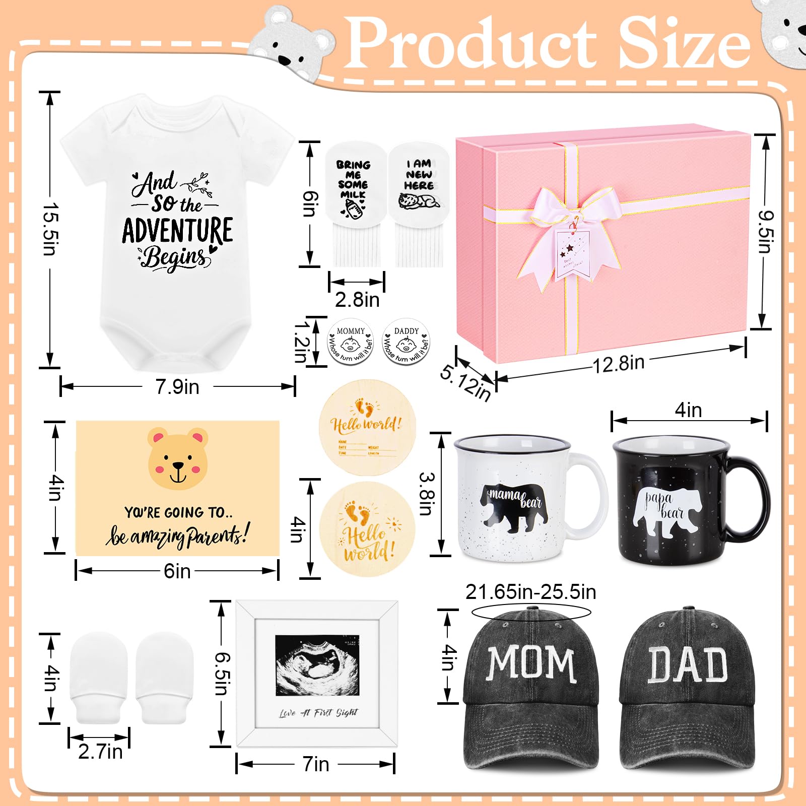 New Parents Gifts for Couples, First Time Mom & Dad Baby Gift Basket with Decision Coin, Ultrasound Frame, Caps, Gender Reveal Present, Expecting Parents, Pregnancy Announcement, Congrats