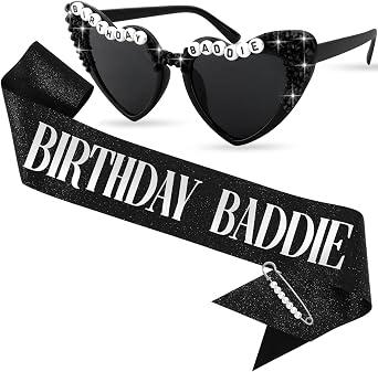 CUBACO Birthday Baddie Sash and Sunglasses for Women, Birthday Girl Outfit Suitable 21st 25th 30th 40th 50th 60th Women Accessories Pins for Party Decoration Favors Supplies