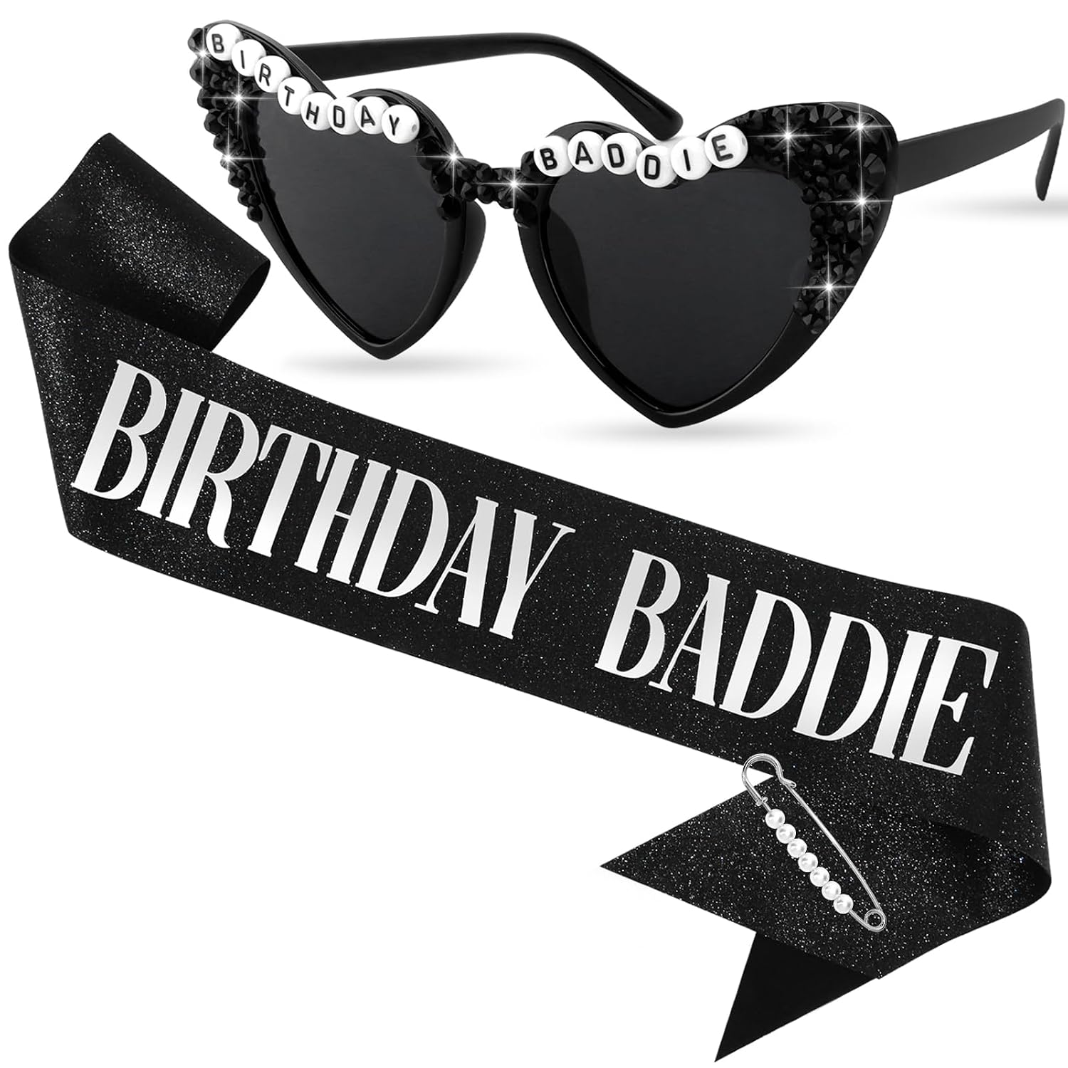 CUBACO Birthday Baddie Sash and Sunglasses for Women, Birthday Girl Outfit Suitable 21st 25th 30th 40th 50th 60th Women Accessories Pins for Party Decoration Favors Supplies