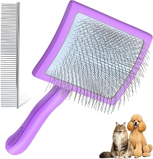 Slicker Bürste für Hunde & Katzen mit Holzgriff – extra lange Borsten für langes Fell – entfernt Unterwolle & Knoten – mit Fellkamm – für Golden Retriever & Australian Shepherd – Lila