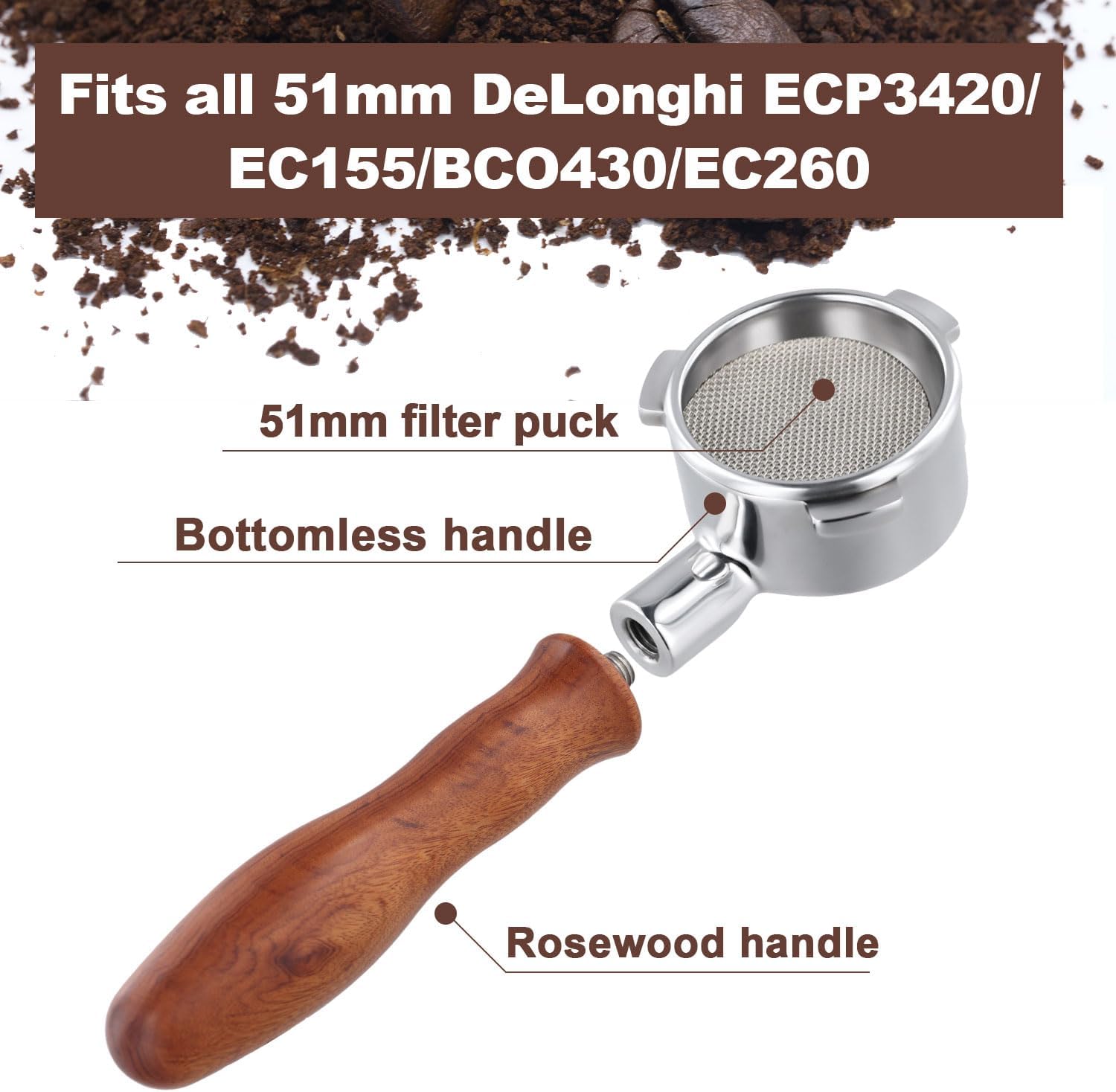 51mm Bottomless Portafilter, 3 Ears Espresso Portafilter with Detachable Filter Basket & Rosewood Handle Stainless Steel Replacement Part Compatible with DeLonghi ECO680 ECO685 image 3 of 7 B0CYGSYS8F