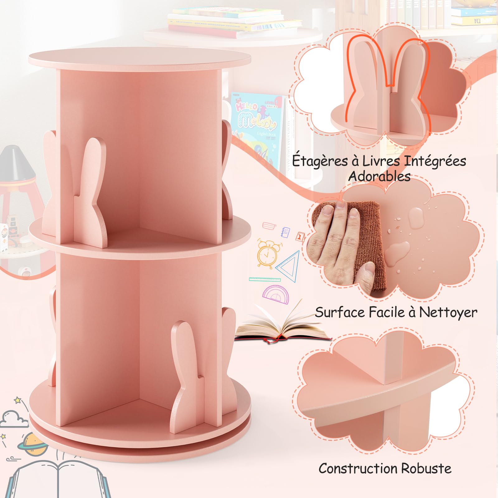 GOPLUS Bibliothèque Enfant, 65CM Bibliothèque à 2 Niveaux avec Serre-Livres Lapin/Ourson, 8 Compartiments, Étagère à Livres Pivotante à 360°, pour Chambre d'enfant, Salle de Jeux (Rose)