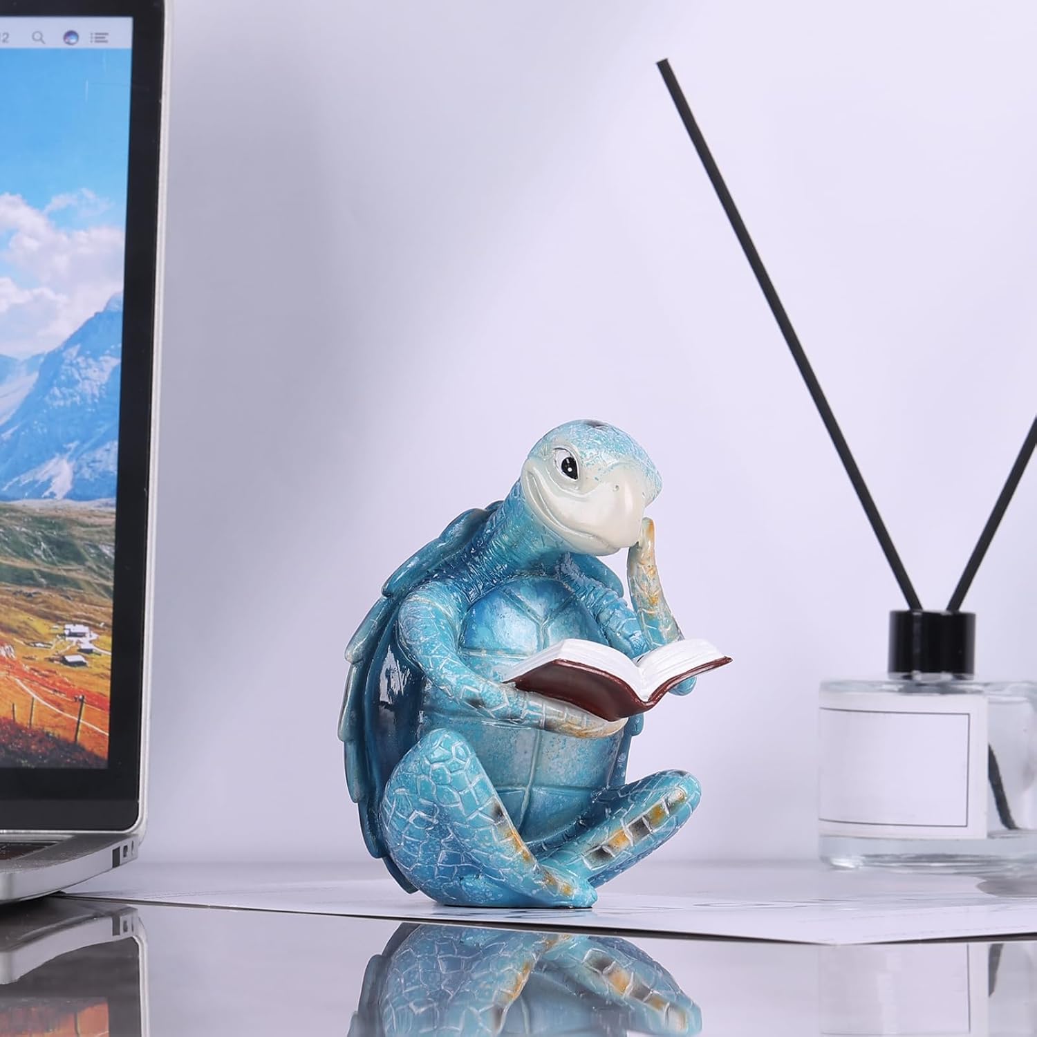Resin Reading Sea Turtle Decor Figurine - Coastal Beach Garden Theme Decor Statue for Home Living Room, Office, Desk, Bookshelf, Bedroom - for Turtle Gifts for Women