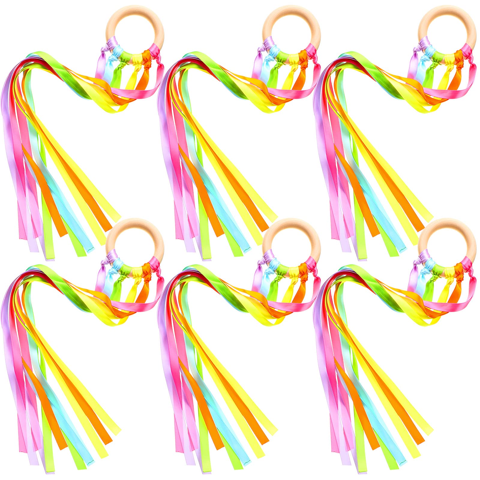 Sumind 6 Pcs Rainbow Ribbon Hand Kites Wands for Kids Dancer Streamer String Toy Thrown Waldorf Wand with Wooden Ring Wand Learning Educational(Fresh