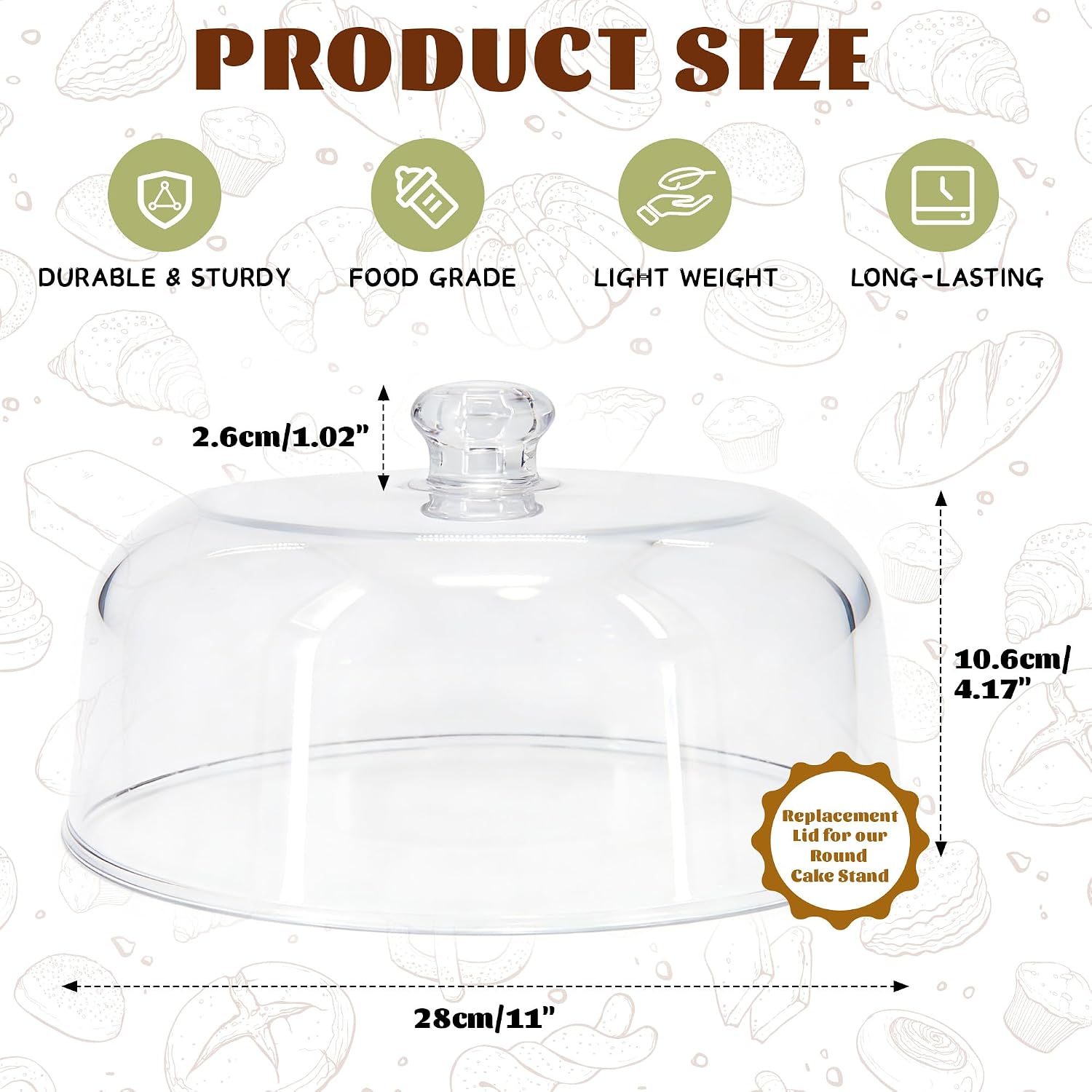 Jolitac 11-Inch Clear Acrylic Cake Dome – Round Cake Stand Cover, Cake Cover Lid for Cake Stand, Shatterproof, Lightweight Display Cover for Desserts, Pastries, and Food Serving Trays