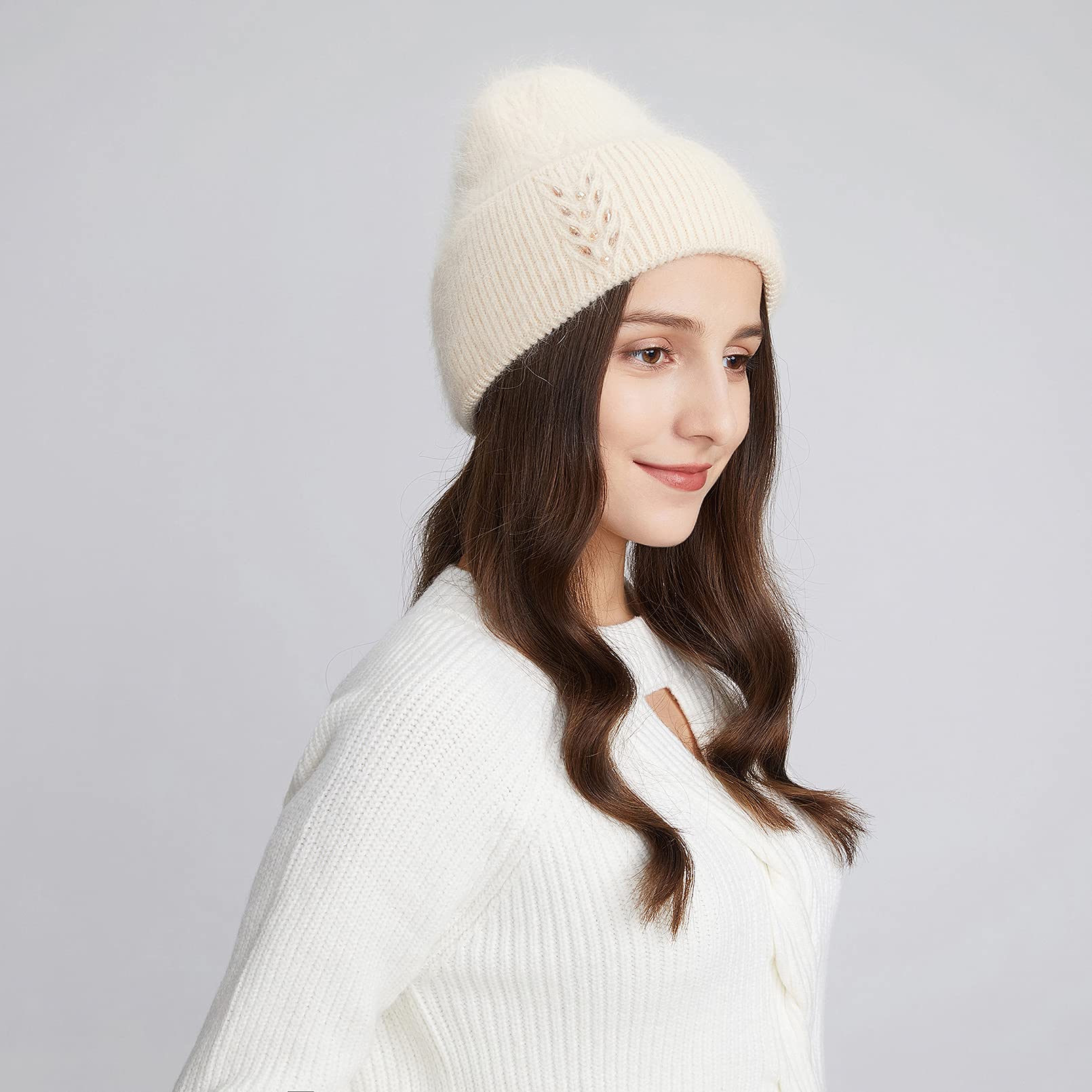 BeFur Bonnet d'hiver à pompon en cachemire pour femme - Bonnet tricoté chaud avec strass et épis de blé