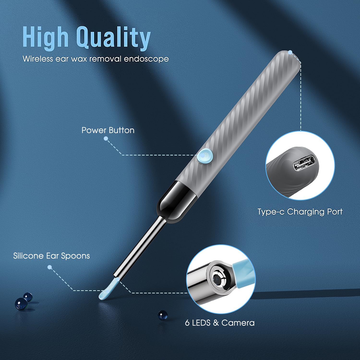 LEIPUT Ear Wax Removal - Earwax Remover Tool with 8 Pcs Ear Set - Ear Canal Cleaner with 1080P Camera - Ear Cleaning Kit with 6 Ear Spoon - Ear Camera for iOS & Android (Grey)