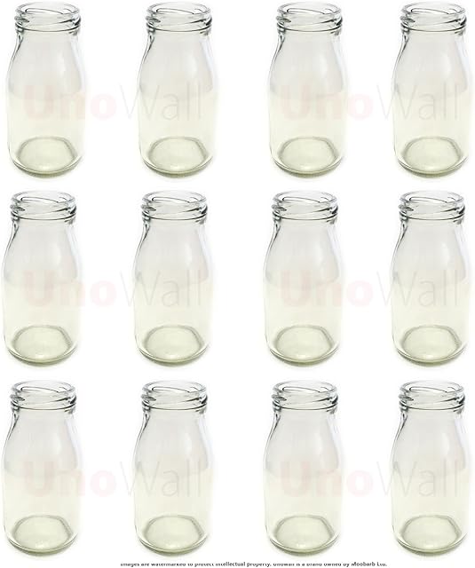 Set of 12 Classic Mini Glass Milk Bottles - Funky, Retro Design - Great for Weddings, BBQ, Parties. 200ml