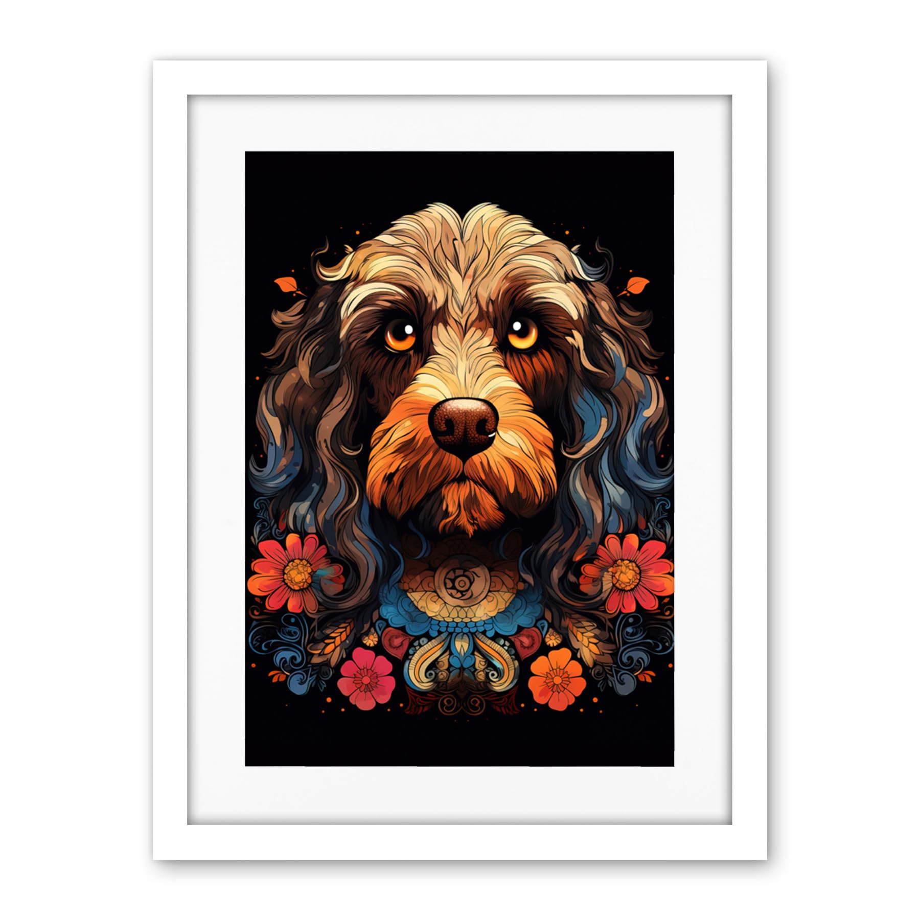 Artery8 Cockapoo Dog with Ornate Collar and Flowers Symmetrical Floral Artwork Orange Pink Blue Tribal Design on Black Artwork Framed Wall Art Print 18X24 Inch