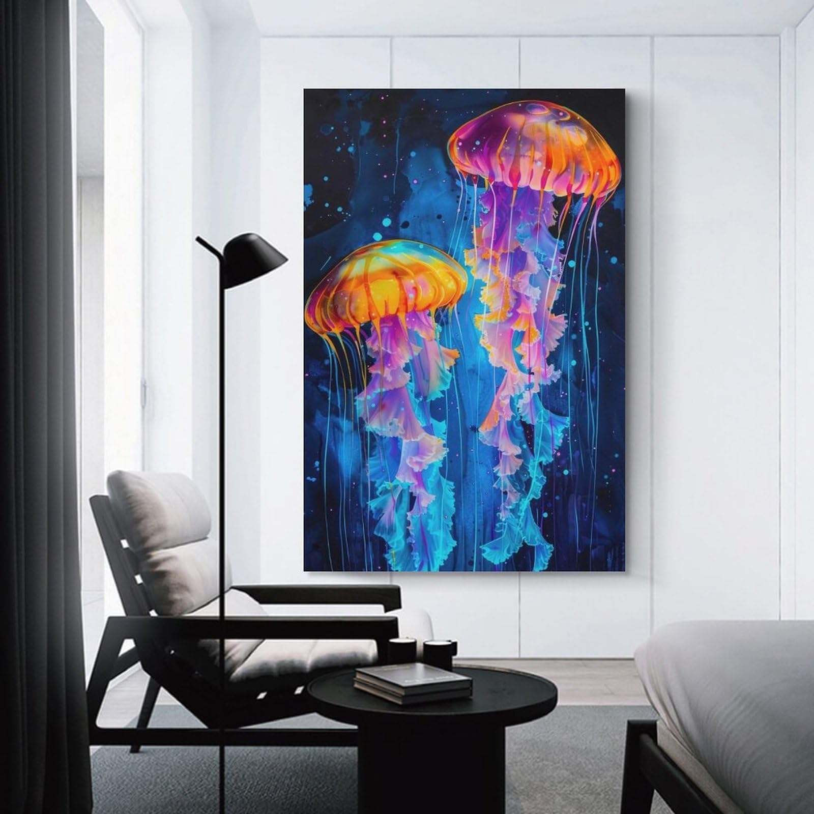 Junmoney Unframe-Style-5-1 Two Neon Jellyfishes Wall Picture Print 20X30inch(50X75cm), For Entryway, Lounge Links Or Small Walls, Decorative Wall Art For Narrow Spaces