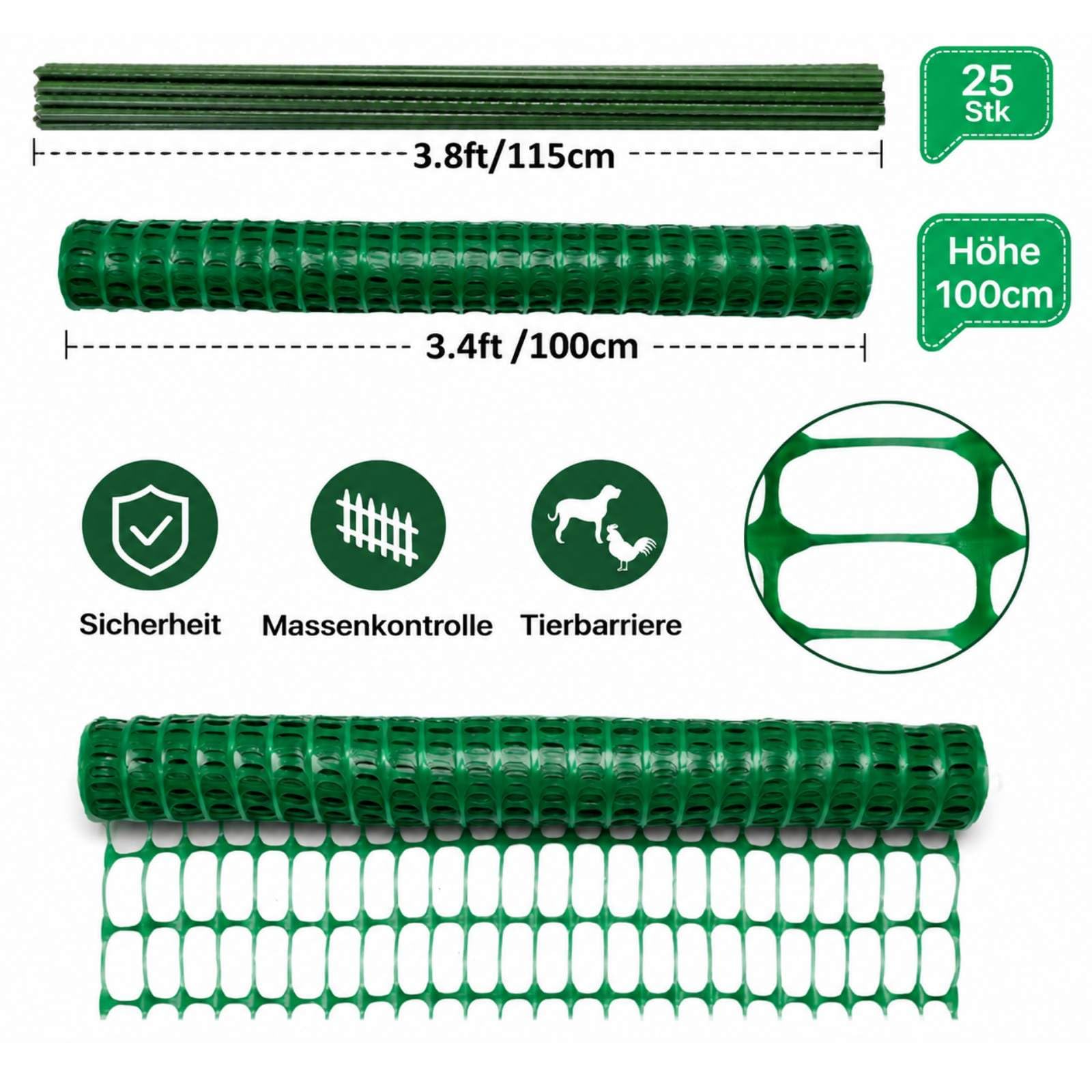 Signstek Valla de limitación, 100 cm de alto, 30 m de largo, 25 x 115 cm de alto, 100 bridas, valla móvil, valla para perros, valla de pollo para jardín, casa, patio