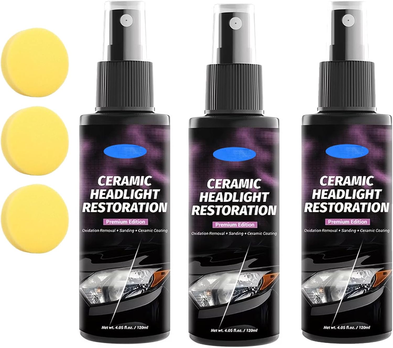 Advanced Ceramic Headlight Restoration Spray, 120ml Headlight Restoration Spray with Ceramic Coating, Removes Yellowing & Oxidation, Restores Clarity, Long-Lasting Protection, Car Care Tool (3PC)