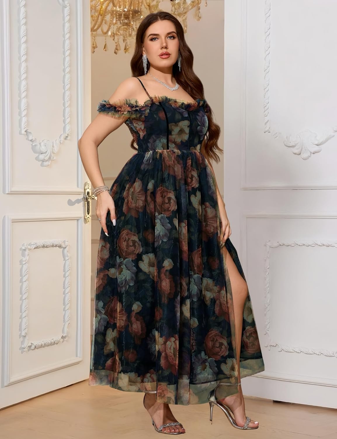Women's Plus Size Formal Party Cocktail Dress, Wedding Guest Evening Gown with Slit - Off Shoulder Floral Tulle Maxi Dress - Image 7