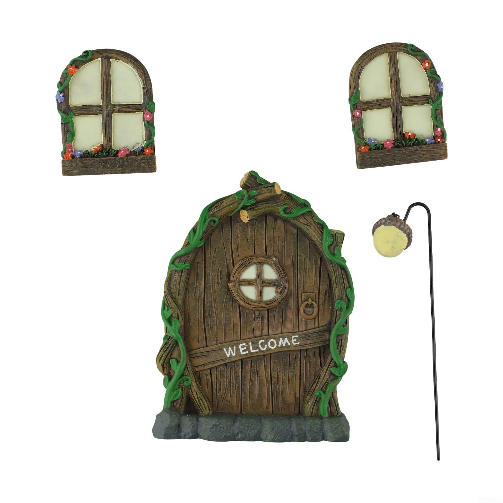 Tidevib Resin Luminous Fairy Door and Window Set for Garden Decor, Glowing for elf House Pendants with Lantern