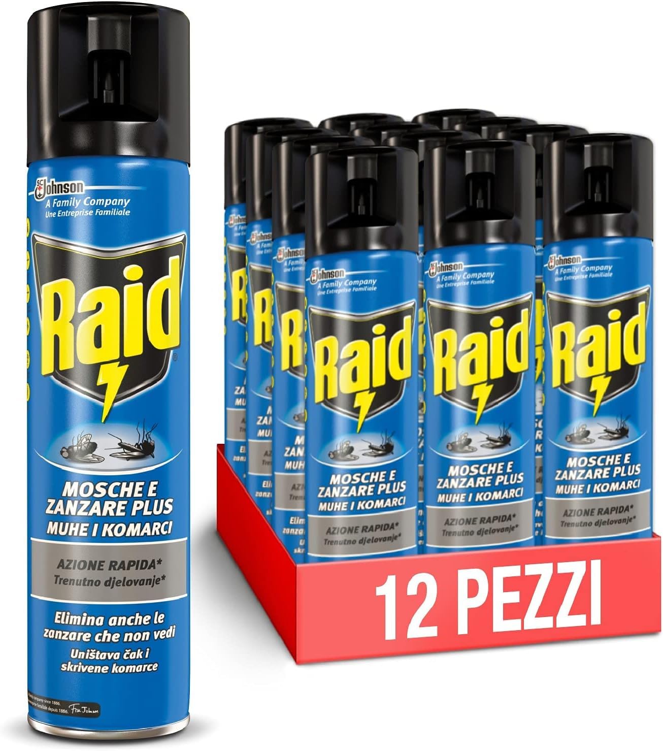 Raid 12 Spray Mosche e Zanzare Insetticida, Antizanzare e Antimosche - 12 Pezzi da 400ml