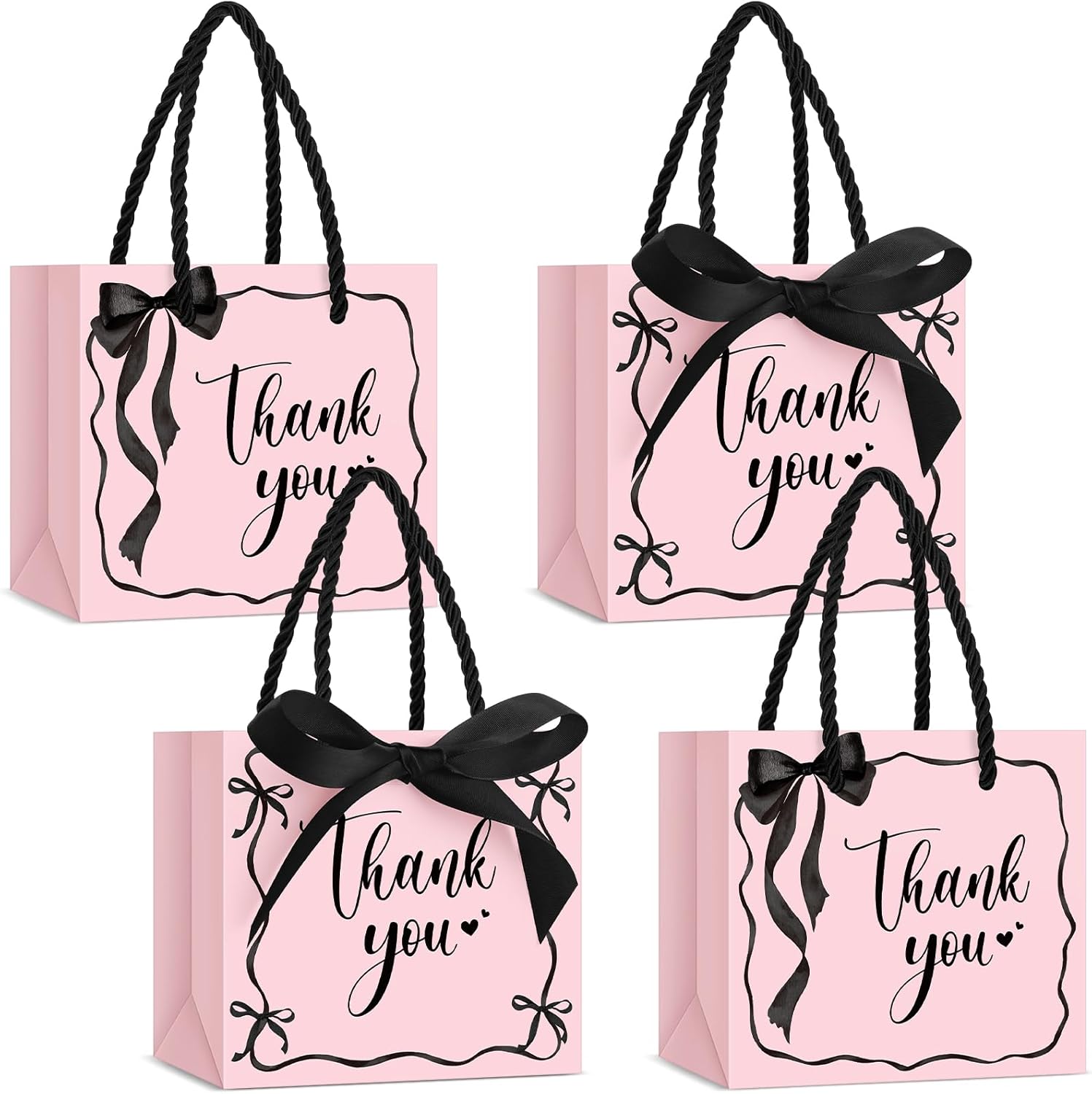 Kolldenn 24 Pcs Valentines Day Gift Bags with Handles, Small Thank You Paper Bags with Bow Ribbon, 5 x 2.5 x 4.7 in Paper Party Totes for Wedding, Baby Shower, Bridal Shower(Pink,Black)