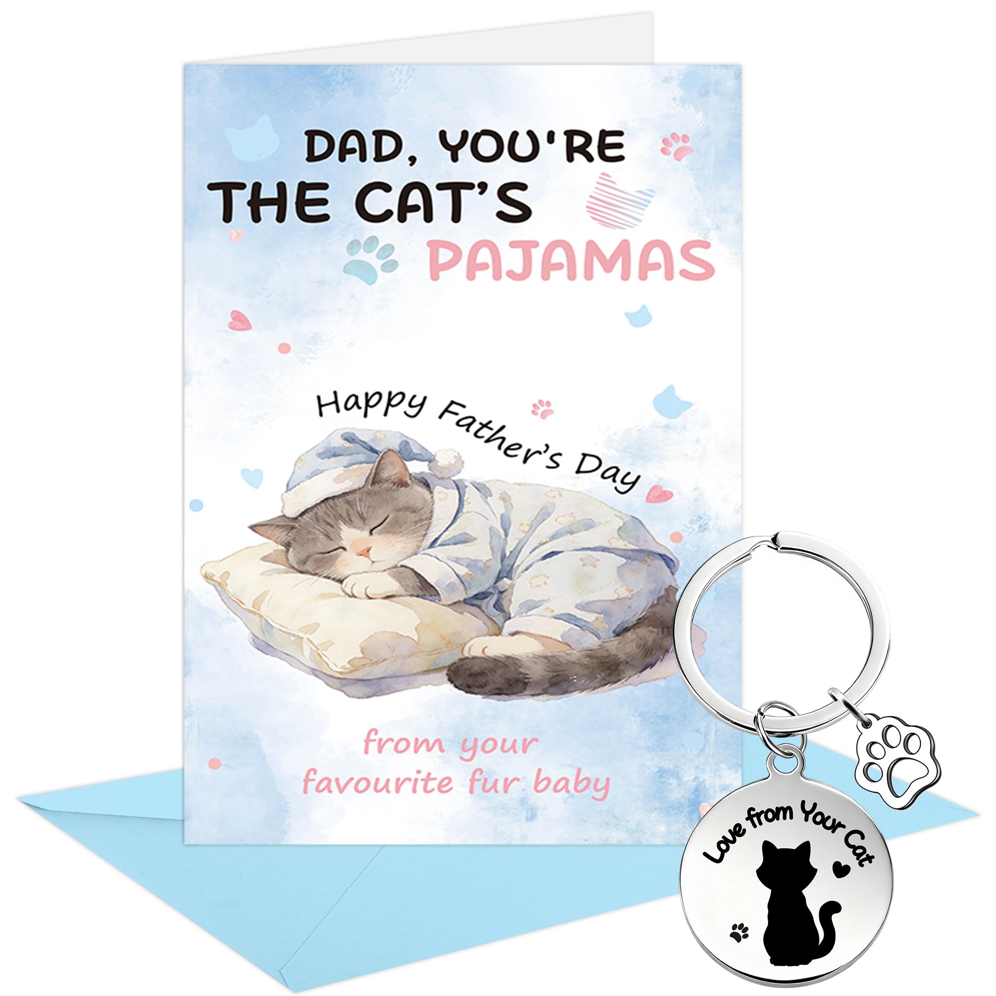 Fathers Day Card from Cat, Funny Cat Dad Card with Keychain and Envelope, Worlds Best Cat Father Gift, Cute Cat Pajamas Design for Daddy from Fur Baby โ image 1